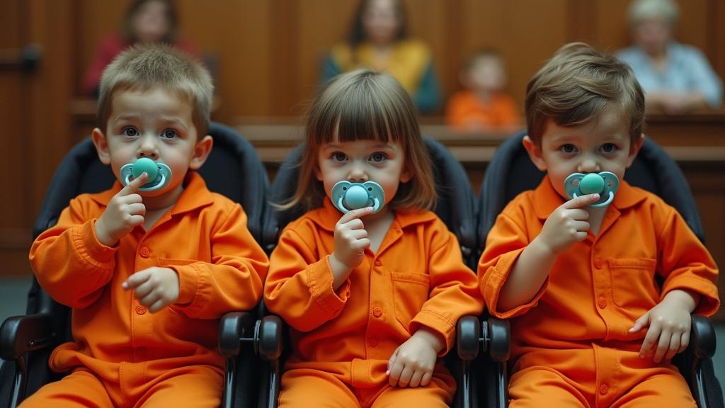 Courtroom scene with children in orange jumpsuits sitting in strollers. Each child has a pacifier and shows it proudly. Mothers are in a cage watching. The environment is detailed and realistic, highlighting the unusual situation and emotional contrast.