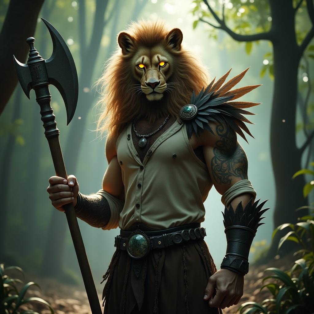 Creature with human-like attributes and lion's mane. Dressed in slim-fit shirt with rolled-up sleeves. Forearm tattoos visible. Strong physique. Upper body view in ancient forest. Mystical ambiance. Flowing mane. Glowing golden eyes. Wearing tribal armor and adornments. Holds large axe. Ready for battle.