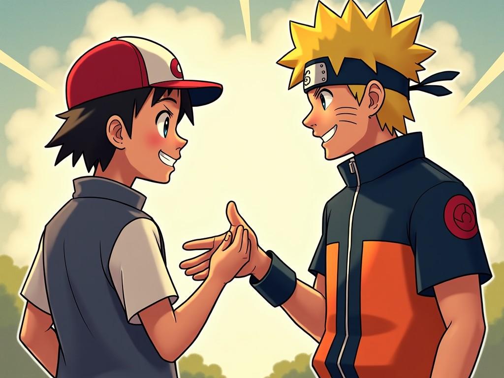 Two iconic animated characters shaking hands in a friendly gesture, with a clear sky and bright atmosphere behind them.