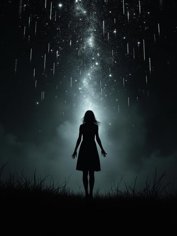 An extreme low angle perspective illustration shows a woman's silhouette reaching out towards a dark sky filled with glitches and static. The composition emphasizes negative space with dark silhouettes above her.