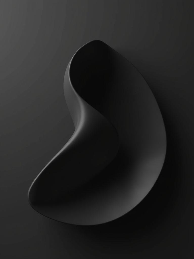 Curved black shape against a dark background. The shape has smooth lines and an elegant profile. The surface appears soft and fluid with subtle shadows. Ideal for design themes.