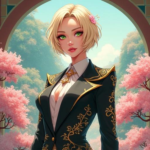Anime character in a luxurious futuristic setting. Woman with short light blonde wavy hair and emerald green eyes. Wearing an elegant business suit with light pink jewelry. Standing in a beautiful Japanese garden surrounded by cherry blossoms. Calm look with visible tattoos and cybernetic leg. Summer setting.
