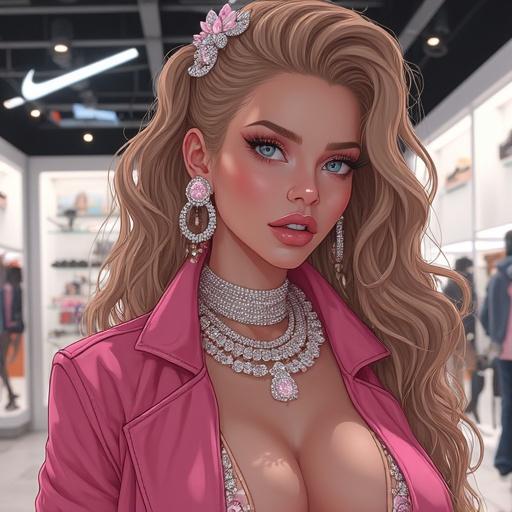 Anime style image of a woman aged 28 years. She has silver eyes and a beautiful face. Her hair is light brown, oversized, and wavy. She wears light pink diamond jewelry. The setting is a modern and luxurious Nike store. The woman is dressed in edgy Nike streetwear. She has light pink lipstick, with manicured nails and piercings. Spring setting. Iconic look, shopping around.