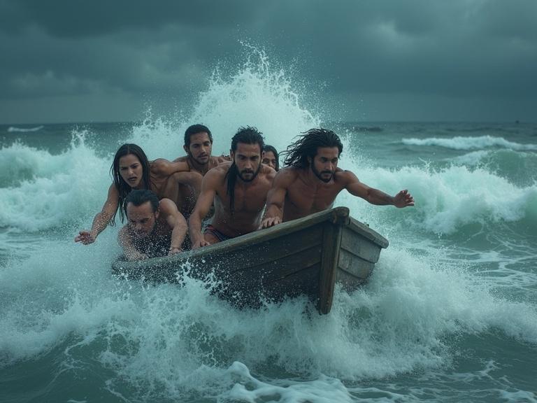Seven hyperrealistic adults diverse in appearance aggressively struggling on a small wooden boat in a stormy sea. The boat rocks violently while some individuals fall into turbulent water. Others reach out for support and hold on to avoid falling. The frothy sea is filled with splashes. Dark clouds with distant lightning loom overhead. Strong winds create a chaotic atmosphere with a focus on wet skin and soaked clothes.