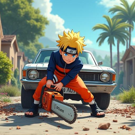 A vibrant digital illustration featuring Naruto Uzumaki. He holds a chainsaw in a sunny suburban setting. Naruto wears an orange-blue outfit and has spiky blonde hair. The scene shows destruction around a silver sedan with sparks and smoke.