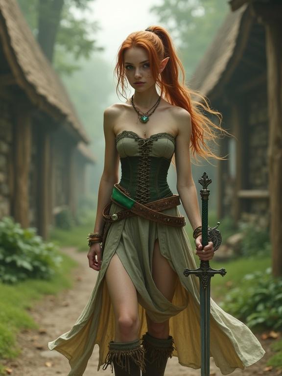A fantasy themed image features a slender girl with auburn hair in a medieval village. She wears a sleeveless corset dress with a split skirt and boots. The girl carries a bladeless sword adorned with an angel wing guard. A prominent emerald ring complements her look. Her green eyes and freckles add to her charm.