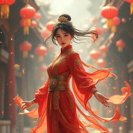 A woman wearing traditional red attire in a festive setting adorned with lanterns. Soft lighting enhances the vibrant colors.