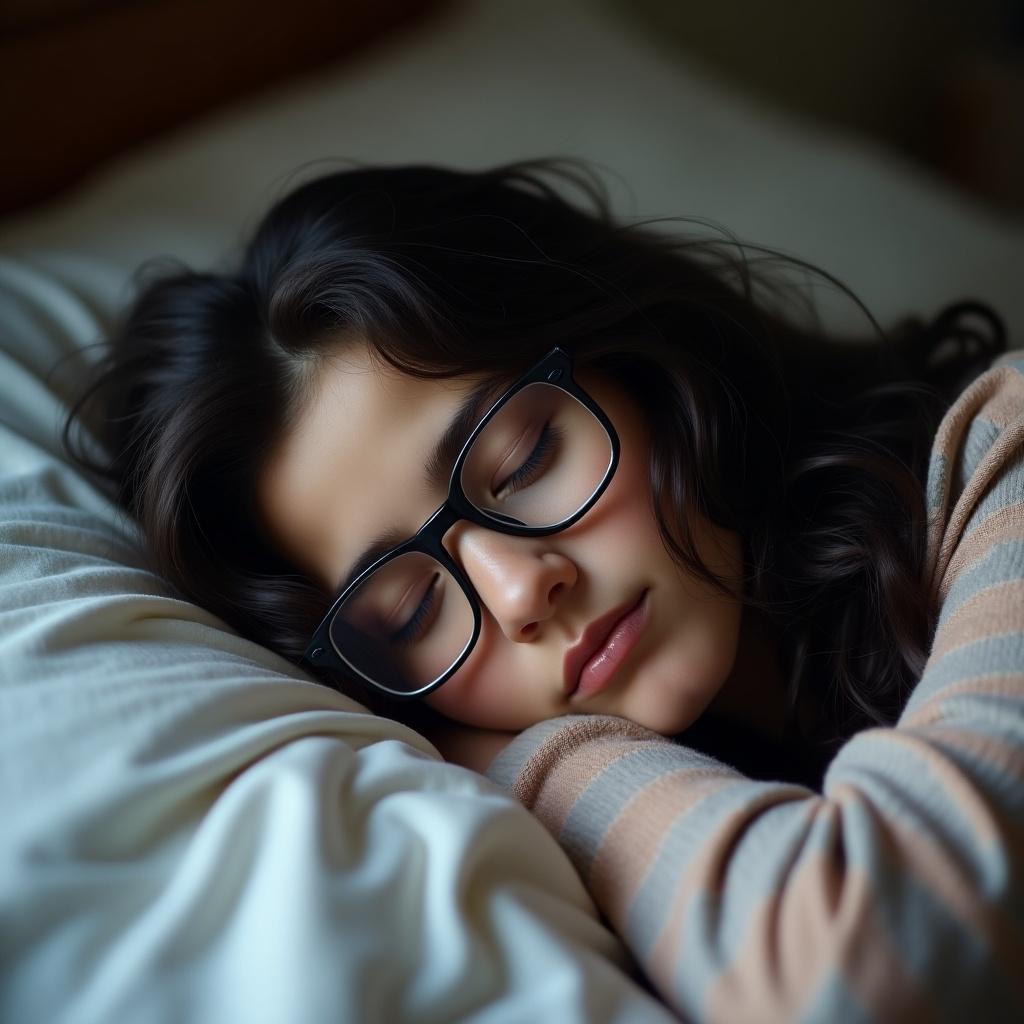 Teenage girl with black wavy hair sleeping peacefully on bed. She wears glasses and is in a cozy environment with soft bedding.