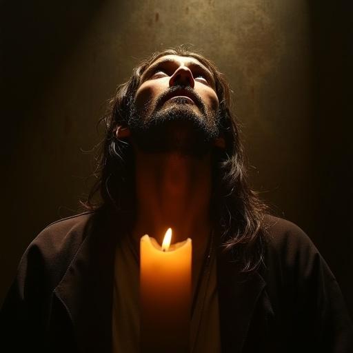 An album cover featuring VIKINGO in a photorealistic classical style. The artist looks up in reverence with a dramatic chiaroscuro effect. A divine light illuminates from above. Warm candlelight flickers below. Dark textured background sets a solemn intimate mood. Aspect ratio 1:1.