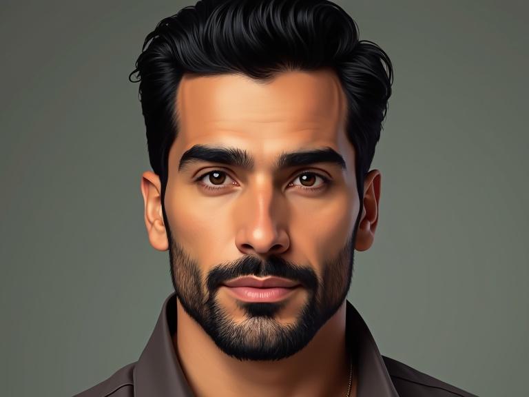Middle Eastern man in early 40s with tan skin and square jawline. Jet black hair is medium length and slicked back. Short trimmed beard and thick eyebrows. Deep-set brown eyes with calm gaze. Straight nose and medium full lips. Athletic build with broad shoulders. Strong presence with consistent features.