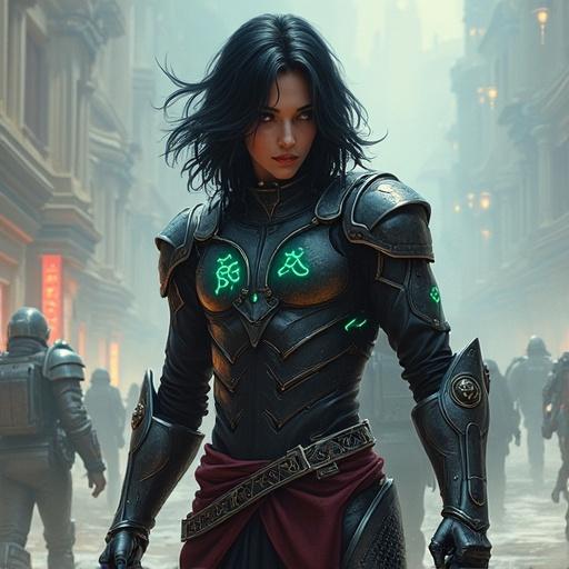 A blend of mage and assassin with black hair. Character combines ancient wisdom and futuristic technology. Features throwables and traps. Exudes mysterious power and agility. Visually stunning digital painting showcasing sleek armor and glowing runes. A masterpiece of contrasts between ancient and modern, mystical and mechanical.