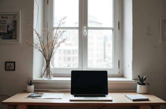 A neat desk with a laptop, small plants, and a vase of dried flowers, set against a bright window backdrop.