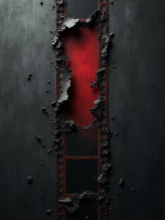 Dark textured background with a vertical damaged film strip shattered into pieces. Large missing chunks with torn jagged edges. Uneven breaks and scattered fragments falling. Faint red glow fading down the strip. Torn sprocket holes with black acid corrosion spreading along edges. Eerie industrial mood with subtle layers.