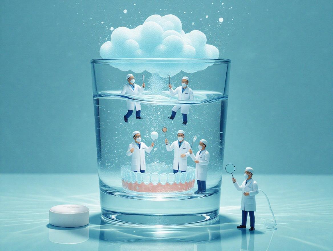 Inside glass of water a partial denture rests at the bottom. Denttach Clean tablet drops beside it. Tablet dissolves with peppermint-blue fizz. Five miniature dentists in white lab coats emerge and work underwater. One polishes. Another uses suction hose. One inspects denture with mirror. Surreal clinical visual moment creates satisfying effect.