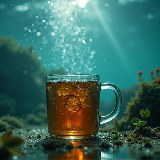 A glass mug filled with tea submerged underwater. Bubbles rise to the surface. Surrounding aquatic plants are visible. Light beams penetrate the water.