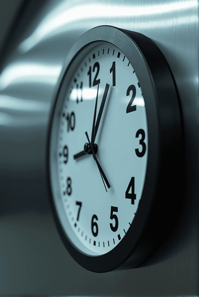 A classic round wall clock with a black frame and white face displaying the time as 10:08 against a blurred metallic background.