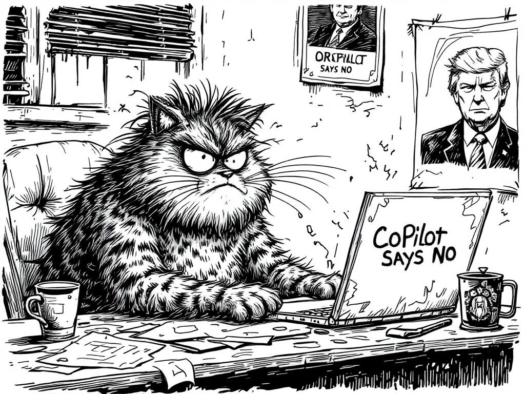 Black-and-white cartoon features an angry cat resembling Fritz The Cat with messy hair and sweat. Cat looks at a laptop displaying 'CoPilot Says No'. Desk is cluttered with papers and coffee stains. Background has a poster of Donald Trump. The style is detailed and hand-drawn with a rough finish.