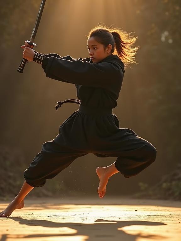 Young woman performs a mid-air dynamic strike. She is wearing a black martial arts outfit. Right leg is extended forward. Right hand grips a katana tightly. Left hand is relaxed at her side. The background is filled with nature. The image is lit with warm golden light. It has a high contrast style with textured grain.