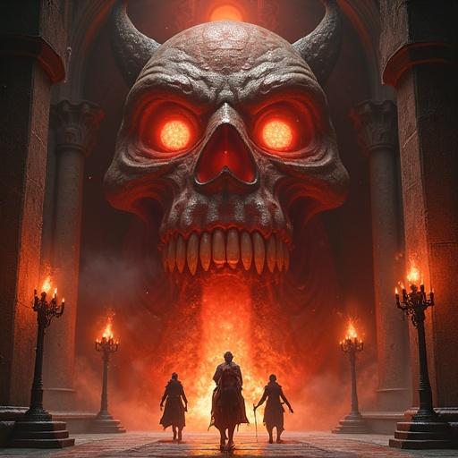 High-fantasy illustration in the style of fantasy RPG art. Central focus on a large demonic stone idol in a dark stone alcove framed by a light brown brick archway. Idol features grotesque face, pointed ears, sharp teeth, clawed hands, and glowing gem-like eyes. Two adventurers climbing on the idol's head. One precariously perched, the other reaching for the idol's forehead. Idol holds a large black brazier with a magical flame casting a warm glow. Two golden braziers illuminate the dark room. In foreground, four adventurers: knight in steel armor with a scroll, a red-haired man in brown tunic watching cautiously, a young warrior in blue with a ready sword, and a cloaked figure perhaps a wizard or thief looking up. Behind, a green serpent-like monster lurking among ancient ruins for hidden danger. Overall palette comprises deep blacks, glowing oranges, and soft blues and greens creating a mystical ambiance. Captures classic dungeon crawl adventure and treasure hunting in an ancient underground temple. Idealized characters, muscular warriors, fierce monsters, powerful wizards, detailed armor, flowing cloaks, mythical weapons, smooth brushwork, and epic backgrounds.