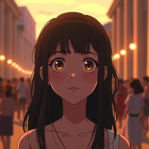 Close-up of a young girl in an ancient Greek city. Evening atmosphere with a crowded street. Ghibli animation style reflects warmth and depth.