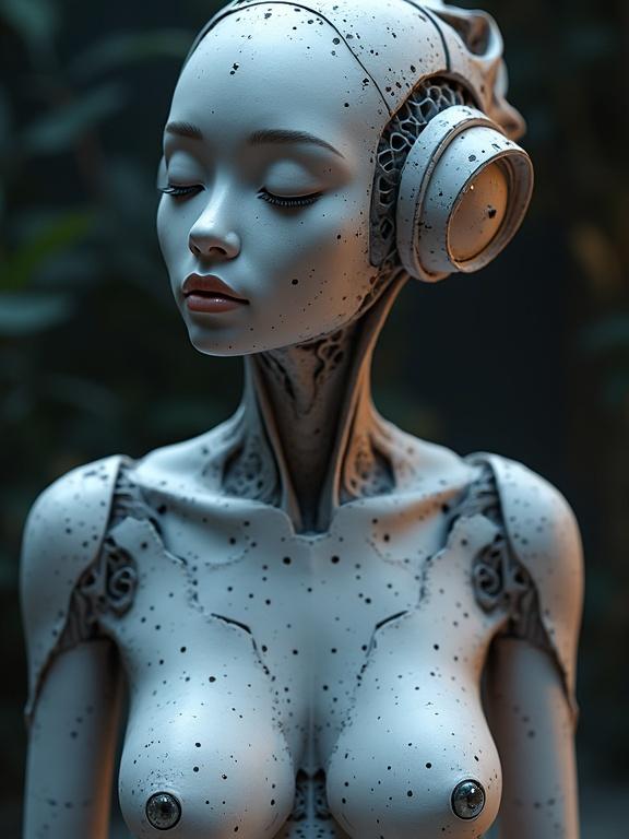 3D titanium robot sculpture with polka dot design. Features splashed curves. Serene expression highlighted by dramatic lighting. Nighttime setting. Digital art rendering. Full frame panoramic view.