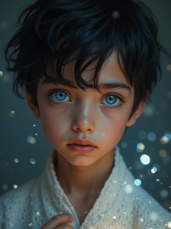 Portrait of a young boy. The boy has striking blue eyes and messy black hair. He wears a sparkling white robe. The background is filled with shimmering lights resembling quartz ore.