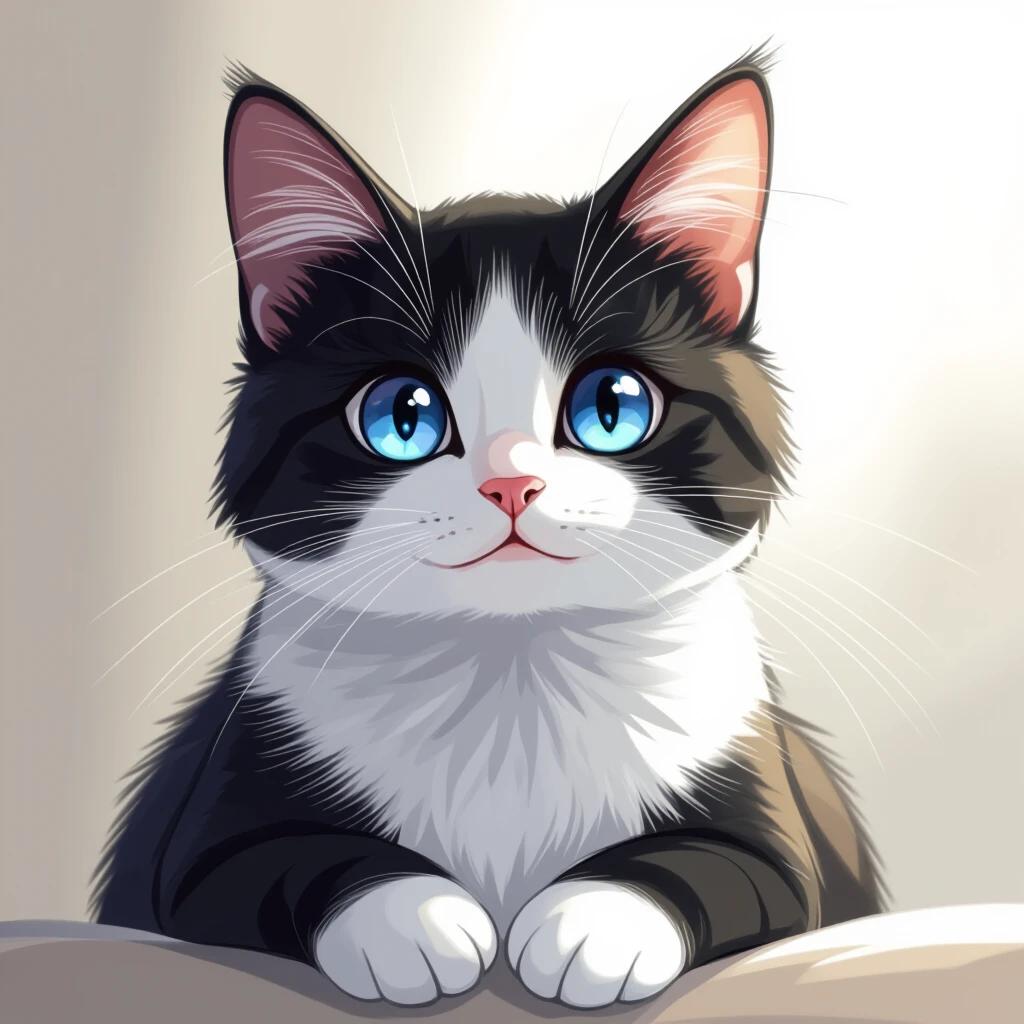 Create an anime styled image of a cat with bright blue eyes and a fluffy coat. The cat has distinctive black and white fur with a cute and playful expression. The background is softly blurred to focus on the cat's features.