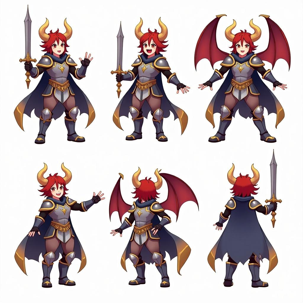 Cheerful anime-style character turn-around sheet of a demonic knight. Shows multiple angles and poses. Character has red hair, a sword, and various armor details.