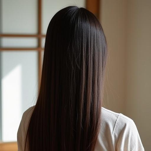 Japanese straight hair viewed from the back. Hair is long and smooth. Light shining from above creates a soft ambiance.