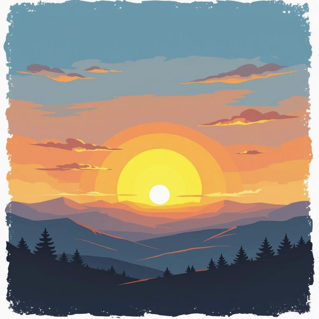 Colored simple sketch of the horizon on planet Earth with the sun setting in the background.