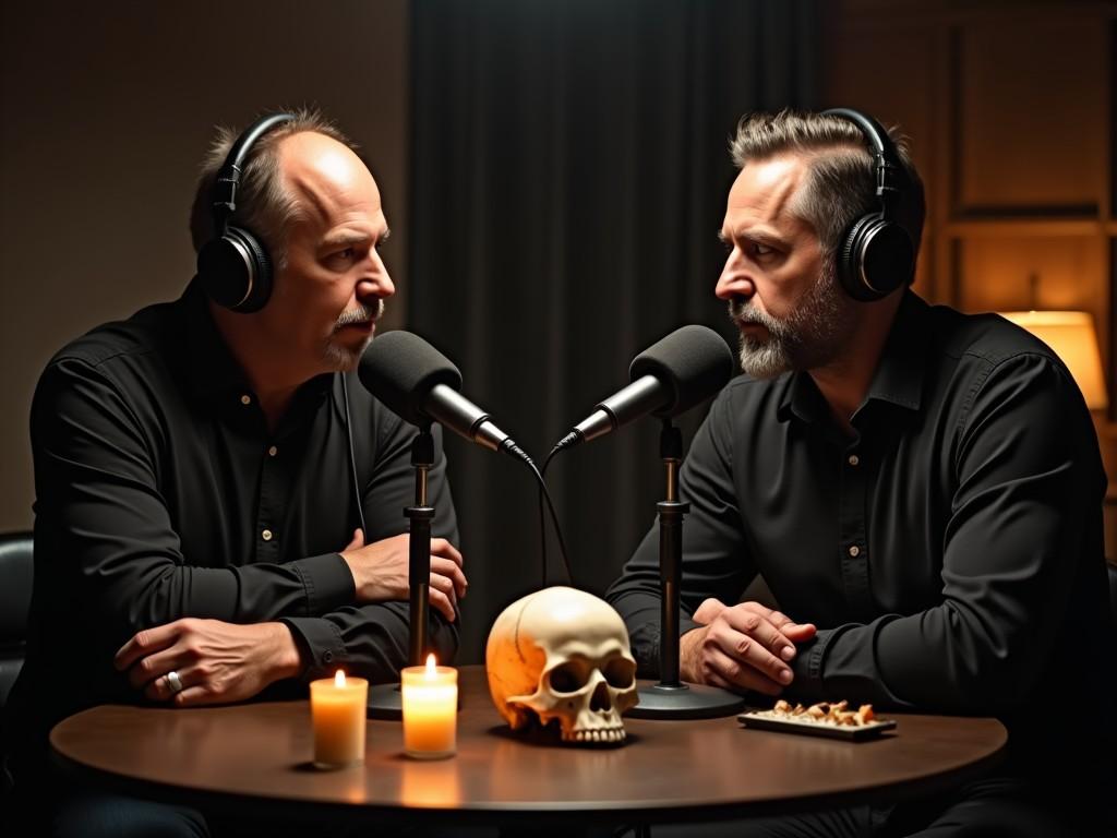 The image depicts two men in matching black shirts sitting across from each other at a table, each wearing headphones. They are engaged in a serious conversation, focusing on microphones in front of them. On the table, there are two lit candles and a skull, adding a morbid aesthetic to the scene. The room is dimly lit, creating an intimate atmosphere. The expressions on their faces suggest deep thought or debate. This setting is perfect for a podcast devoted to themes of mystery and the macabre.