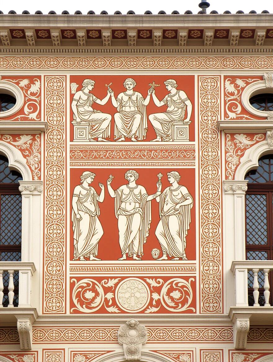 Elaborate sgraffito decoration on a Renaissance Italian palazzo facade. Mythological scenes scratched through white lime plaster. Dark terracotta reveals intricate geometric borders. Panels show classical gods and goddesses. Fine line work for drapery and architectural elements.