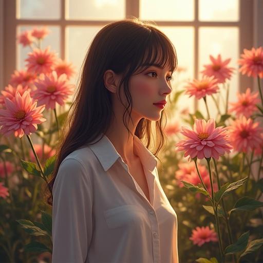 A girl in a white shirt surrounded by flowers in a soft, warm light. The background shows a light-filled space with floral elements. The girl's expression is calm and serene.