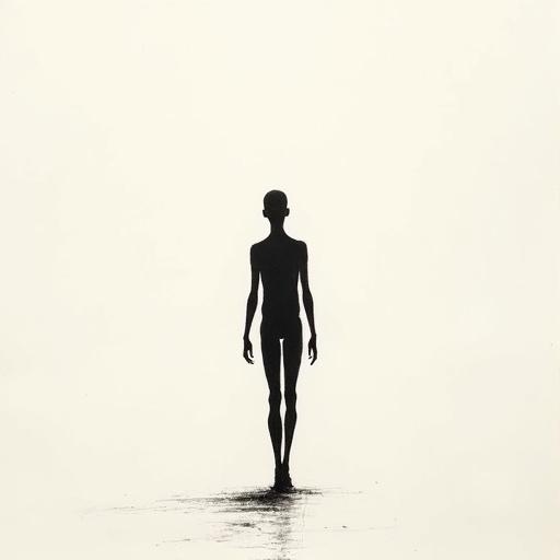 Minimalist bald human silhouette in black fill. Thin tall teen standing naked on a long road. Monochrome sketch style with delicate ink lines. Inspired by traditional Asian brushwork.