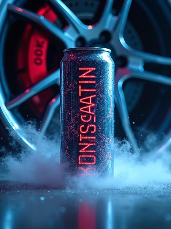 Sleek can of energy drink labeled KONSTANTIN ENERGY. Mockup features electric circuit design and lightning splash. Show car wheel close-up serves as blurred background with fog drops on the can. Epic view with low angle close-up and whirlpool effect around the can.