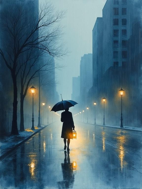 A watercolor painting depicts a solitary figure with an umbrella walking down a rainy street at dusk. The city background is softly silhouetted with reflections on the wet pavement. Street lamps are glowing in the mist, creating a sense of longing and silence. Painted in traditional Japanese watercolor style with a focus on blending techniques and emotional resonance. Scan quality is archival with noticeable paper grain.