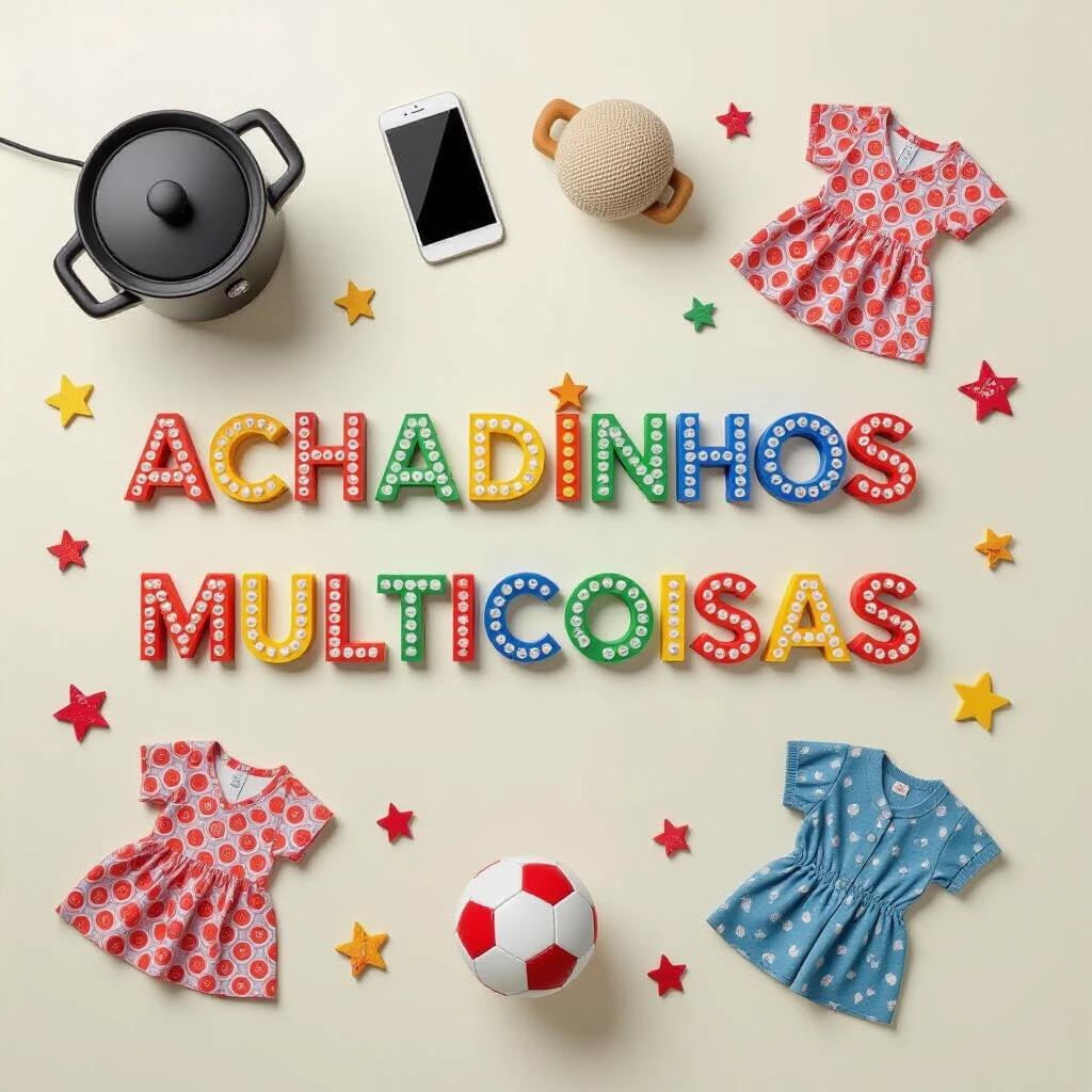 Create an Instagram image with a sign in the center saying Achadinhos Multicoisas. The letters are vibrant with shadow effects. Surrounding the sign are realistic images of an electric pot, a modern smartphone, a toy, a home appliance, stylish dresses, a soccer ball and elements symbolizing fashion. Aim for a sophisticated and realistic theme suitable for an Instagram channel selling a variety of products.