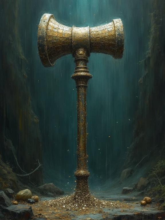 Lead-filled flanged club with an ornate design. Dark background with an eerie atmosphere. Impressionist style with eldritch themes.