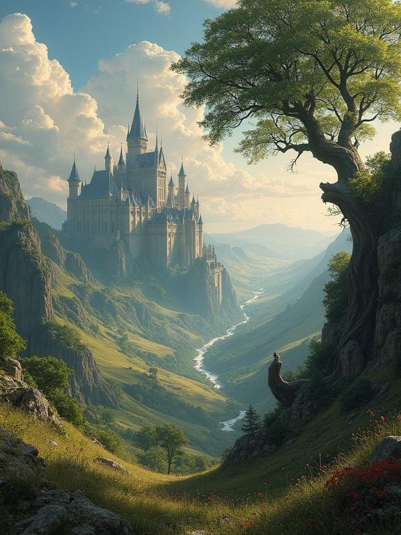 Mystical kingdom landscape features rolling hills and towering spires under a dramatic sky. A majestic castle overlooks a serene valley with an ancient tree. Inspired by various classic artists with vibrant colors and surreal elements.