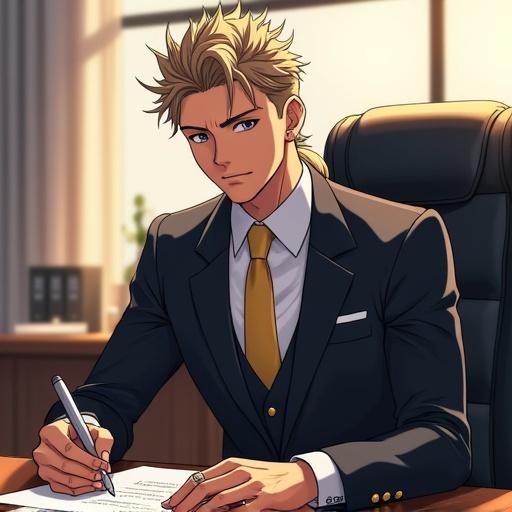 Anime character inside a mayor's office. Man with silver eyes and handsome features. Short light brown spiky hair styled in a ponytail. Wearing an expensive suit and tie. Signing papers on desk. Serious look on face. Wedding ring on middle finger. Artistic representation of a character with mixed heritage.
