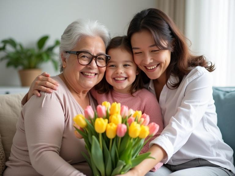 Three generations of women joyfully embracing in a living room. Soft natural light fills the space. Bouquet of yellow and pink tulips in front. Cozy sofa in bright and airy interior. Elderly woman wearing glasses, young woman in white shirt, and little girl in pink sweater. Warm family moment with genuine smiles and intergenerational bonding.