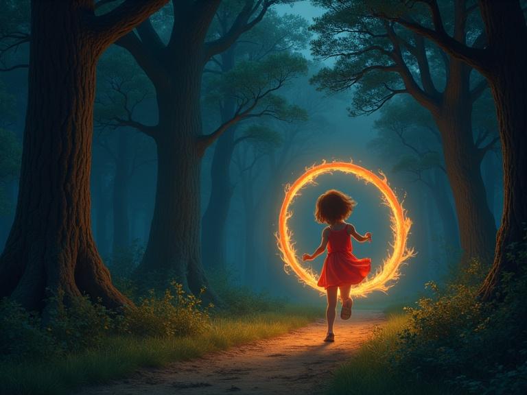 A girl in a red dress runs towards a glowing orange ring in a mystical forest, surrounded by tall trees and soft blue lighting. Illustration evokes a sense of adventure and magic.