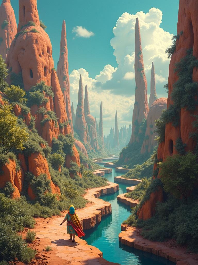 Surreal scene with imaginative creatures in a fantasy landscape. Lush green valley and enchanting castles. Detailed digital artwork with vibrant colors. Ethereal atmosphere filled with life and magic.