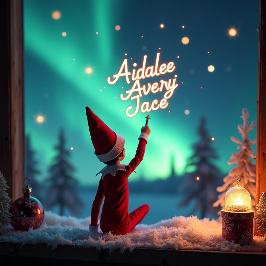 This image depicts a charming Christmas scene where an elf on the shelf is the main focus. The elf is dressed in traditional red and white attire and is seated, pointing upward with a magic wand. Radiantly glowing words, 'Aidalee', 'Avery', and 'Jace', are written in the air above, adding a personal touch. The backdrop features enchanting northern lights that light up the night sky. Festive decorations and a warm lantern enhance the cozy holiday vibe, making the scene full of wonder and excitement. This image beautifully encapsulates the spirit of the holiday season.