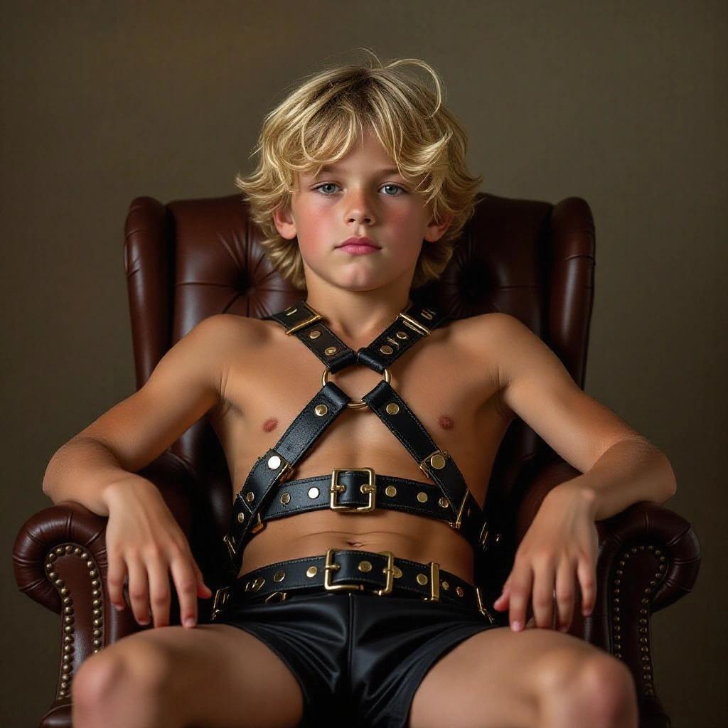 Blonde boy seated on a chair wearing a leather harness, shirtless, with tousled wavy hair. One leg bent. Background in muted colors complementing the subject. Captures essence of youthful vitality and comfort.