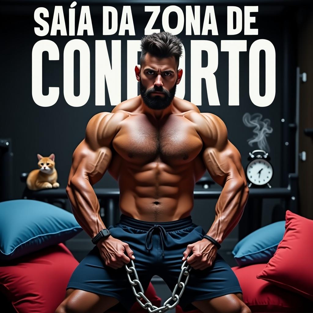 Thumbnail image features a muscular man breaking chains. Man has an intense, determined expression. He is surrounded by red and blue pillows. The background shows a gym setting. A cat is visible along with a smoking alarm clock. Large bold text at the top reads 'SAIA DA ZONA DE CONFORTO'. Image is powerful and motivational.