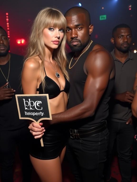 A couple embraces closely at a nightclub. Woman has long blonde hair and blue eyes. She wears a revealing bikini top and miniskirt with high heels. Man is muscular and wears a fitted black tank top. She holds a sign that says 'bbc property'. Other men stand in the background. Full body shot captures the nightlife vibe.
