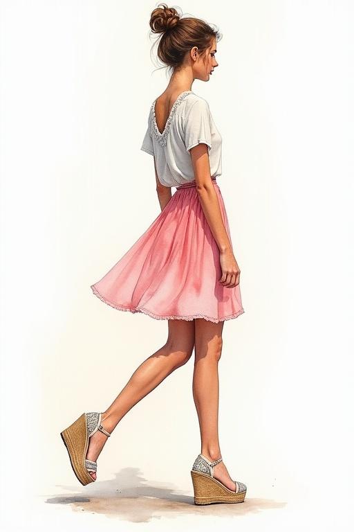 Watercolor painting of a woman with tied up hair wearing high heeled espadrilles. The woman is depicted walking gracefully in a skirt.