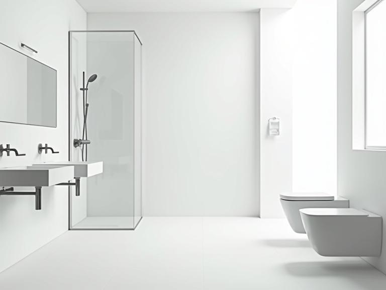 Wide-angle photorealistic view of a modern minimalist bathroom interior. Uncluttered bright space. Two wall-mounted white ceramic basins with mirrors on the left. A white ceramic toilet on the right. Frameless glass walk-in shower in the center. Clean lines and neutral color palette.
