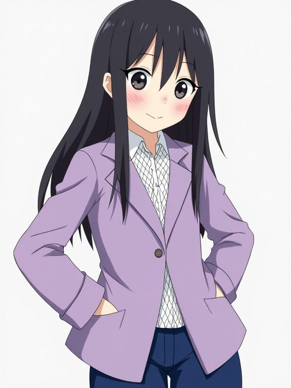 Anime character with long black hair and white eyes. Girl wears a lavender jacket and blue pants. She has a fishnet shirt underneath. The character looks cute and shy with a blush and a smile.